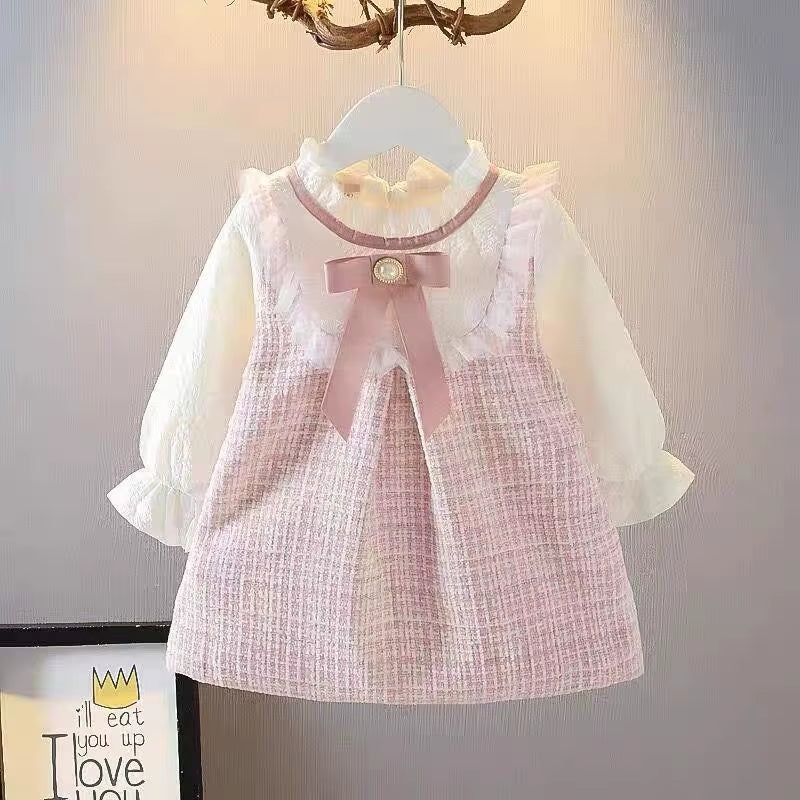 Spring Grace – Girls’ Long Sleeve Bow Dress in Korean Casual Style