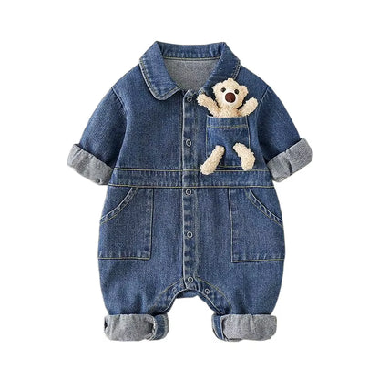 BearBuddy Denim – Spring Cartoon Pocket Romper for Babies