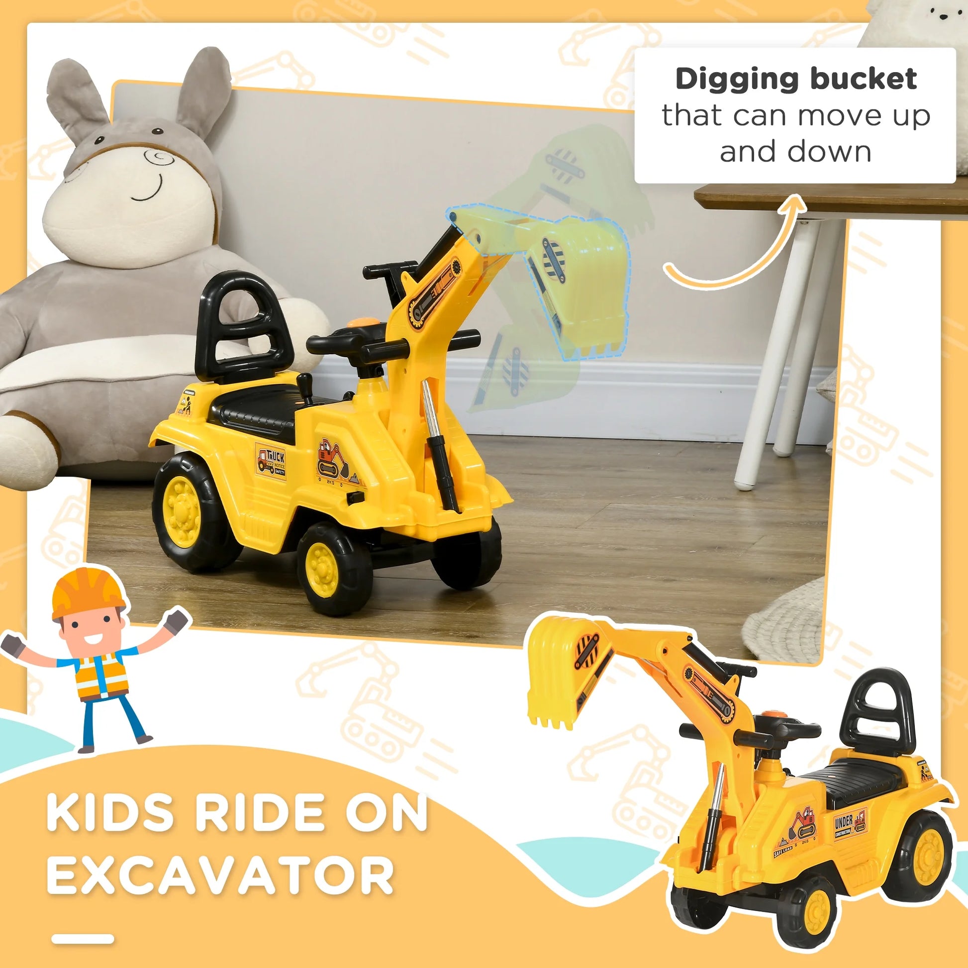 NO Power 3 in 1 Ride on Toy Excavator Digger Scooter Pulling Cart Pretend Play Construction Truck