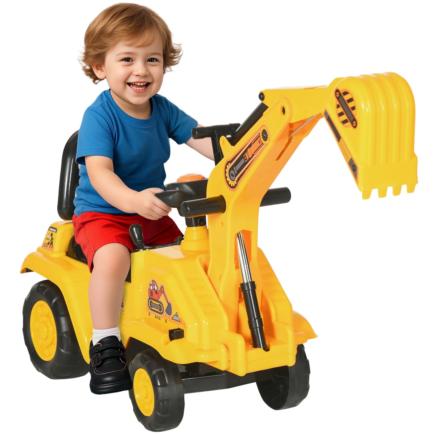 NO Power 3 in 1 Ride on Toy Excavator Digger Scooter Pulling Cart Pretend Play Construction Truck